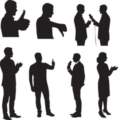 Professional silhouette interaction graphics illustrating communication, feedback, and public speaking in various business and media settings