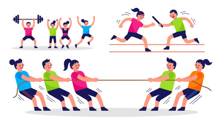 Fototapeta premium Illustration Of Diverse Sports Activities Depicting Relays Tug-Of-War and Weightlifting