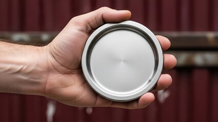 Male Hand Holding a Blank Silver Metallic Circle Offering Copy Space