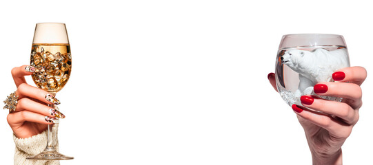 opulent christmas glass / wine glass with a cheer gesture and white bear inside one of it; christmas holiday / new year celebration concept isolated over white (transparent) background