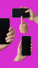 Multiple Hands Interacting with Blank Screen Smartphones on a Vibrant Magenta Background
