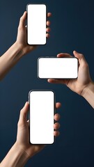 Multiple Hands Holding Modern Smartphones with Blank White Screens
