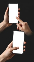 Pair of Hands Holding and Tapping a Modern Smartphone with Blank White Screen