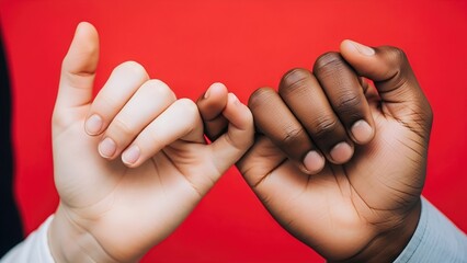 Pinky Promise Between Diverse Hands Symbolizing Unity and Trust on Red Background