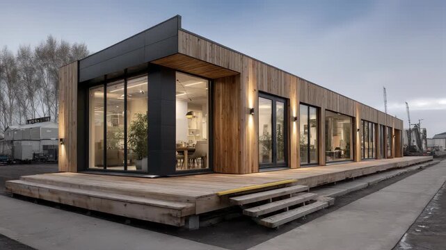 the exterior view of a nearly completed modular wooden office building, showcasing the sustainable architecture achieved through prefabricated elements