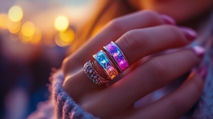 This beautiful image displays a hand adorned with sparkling rings capturing the enchanting glow of dusk, symbolizing elegance and the timeless nature of adornment and style.