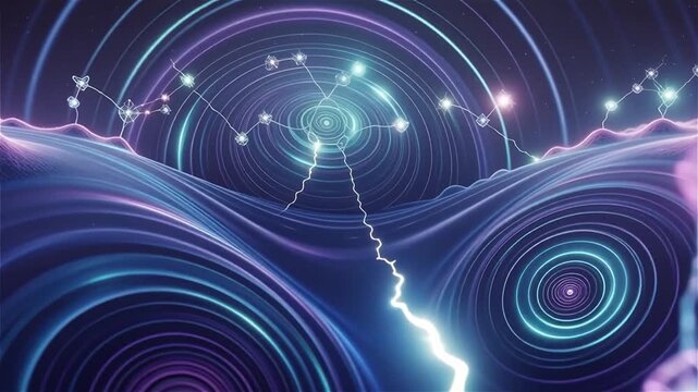 Purple-blue foam surface with circular waves, luminous geometric nodes connected by lines, pulses and discharges. Concentric waves. Quantum information, the theory of everything.