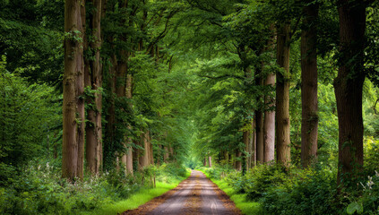 Serene lush green forest path lined with tall mature trees and dense foliage creating a peaceful nature scene with vibrant leaves and natural sunlight filtering through