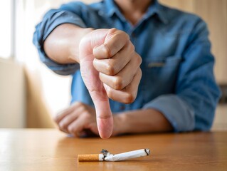 No Smoking: Person Giving Thumbs Down to a Cigarette on Wooden Table