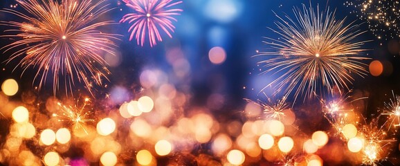 festive fireworks display with blurred city lights in the background, creating an enchanting new year's celebration scene, wide banner, excitement and joy