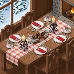 Cozy rustic dining room table set for a winter holiday meal with pinecones and candles