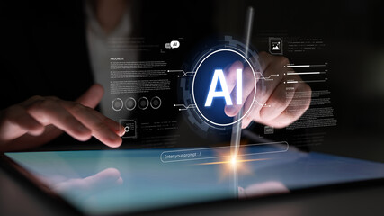 A futuristic interface for a generative AI system. A developer enters a prompt to initiate coding, data processing, and monitor the system's progress and performance. Fermion