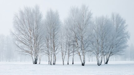 Obraz premium Snowy birch trees in a serene winter landscape with soft fog and tranquil atmosphere