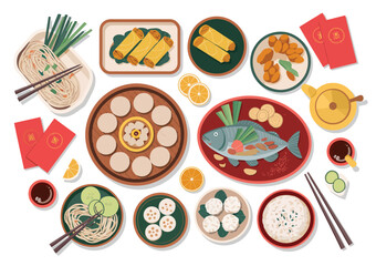 Assorted traditional Chinese dishes including dumplings, whole fish, noodles and mandarin oranges arranged on a festive table, perfect for lunar new year celebrations, cultural food illustrations 