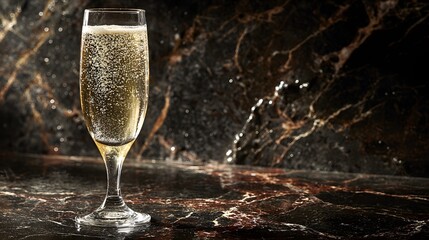 Elegant crystal flute of champagne with rising bubbles sits on polished dark marble with red veining under dramatic low key lighting.