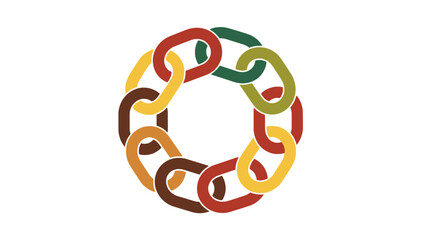 A circular chain of interconnected links in warm earthy tones of red yellow brown and green against a clean white background symbolizing unity and connection