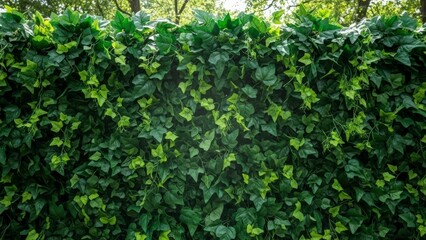 Obraz premium Lush Green Ivy Wall Texture with Sunlight Peeking Through Leaves.