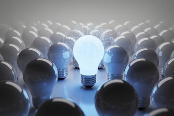 Bright, glowing light bulb illuminated among other unlit bulbs, symbolizing the power of a single idea in innovation and creativity