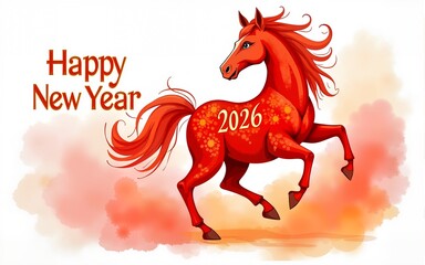 Festive Happy New Year 2026 greeting card featuring a red fire horse in vibrant watercolor style. Elegant golden text and abstract painted background. Ideal for Chinese zodiac or holiday design.