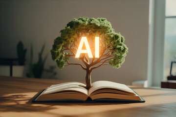 Nurturing ai growth for sustainability, illustrated by a tree growing from book, symbolizing knowledge cultivation and green innovation