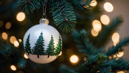 Christmas bauble with green trees on festive fir branch. White ornament with pine forest design and bokeh lights. Close up of decorated Xmas tree ball hanging on branch.