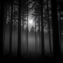 Fototapeta premium Moonlit Forest - A Tranquil Night Scene in Black and White.