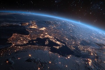 the earth at night, showing the lights of europe and spain in detail, with a dark sky background and stars on top. space view from orbit. elements illustration, 3d rendering. hd stock photo,