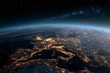 the earth at night, showing the lights of europe and spain in detail, with a dark sky background and stars on top. space view from orbit. elements illustration, 3d rendering. hd stock photo,