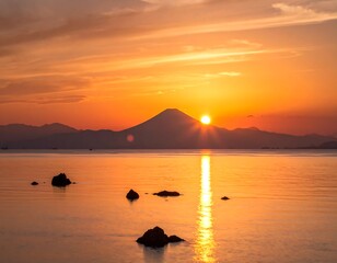 Stunning sunset over a tranquil bay with a majestic mountain
