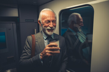Elderly Man Smiling With Coffee Inside a Train Compartment