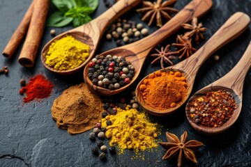 Overhead flat lay view of various colorful spices in rustic wooden spoons and clay bowls, spilled textured background on dark table