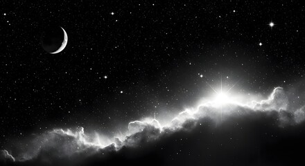 Dramatic black and white nebula with crescent moon and stars