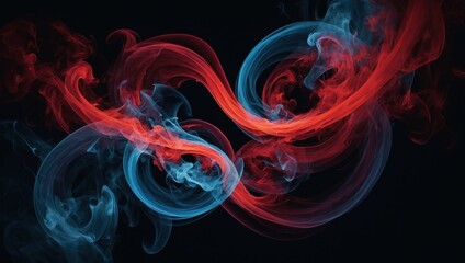 Abstract red and blue smoke infinity shape. Dynamic swirling smoke waves on dark background. Colorful dual tone mist forming flowing loops.