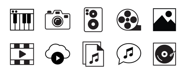 Content line icons set. Audio and Video line icons set. Media outline icons collection. Music, camera, webcam, cinema, television and more. Editable stroke. Vector illustration © icons