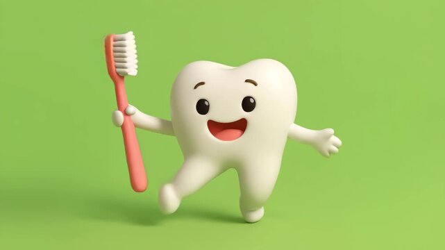 Cute Cartoon Dancing Tooth Holding a Toothbrush. Seamless Loop