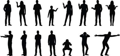Black silhouette people standing and gesturing set, diverse human body poses isolated on white background for communication concepts illustration collection