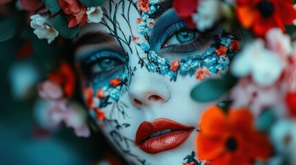 This striking close-up features a model with intricate face paint and floral accents, creating a stunning visual narrative of art, beauty, and creative expression.