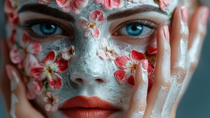 A mesmerizing portrait of a woman with floral designs and a clay mask, blending beauty and nature in a surreal aesthetic that captivates the viewer's attention.