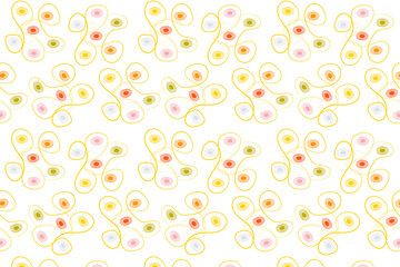 Seamless abstract pattern with whimsical, interconnected organic shapes in yellow, pink, orange and green on a white background.
