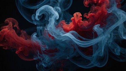 Abstract red and blue smoke infinity shape. Dynamic swirling smoke waves on dark background. Colorful dual tone mist forming flowing loops.