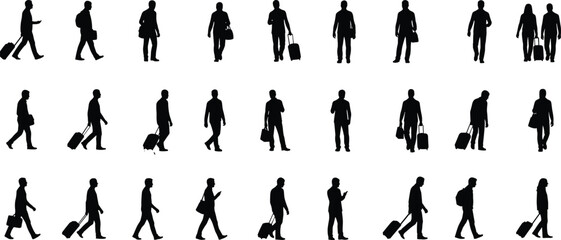 Business traveler silhouettes walking with luggage set, men and women commuter people in motion isolated on white background illustration
