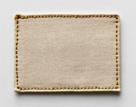 Simple blank beige rectangular cloth patch with textured woven fabric and mustard yellow stitched border