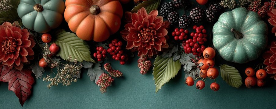 Autumn pumpkins, gourds, berries, and leaves arranged on teal background for harvest decor