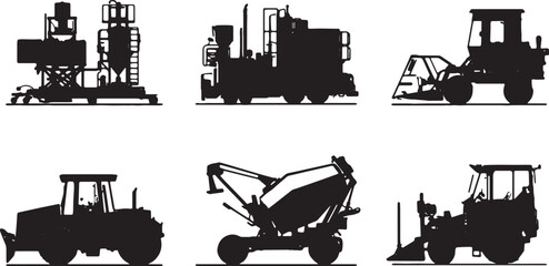 Black Solid Asphalt and Paving Material Machines Set of Six on White Background