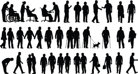 People silhouette collection showing healthcare support, assistance, walking seniors, men interactions, disability care and daily life activities isolated on white background illustration