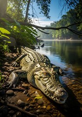 American Crocodile basking in the sun near the riverbank.