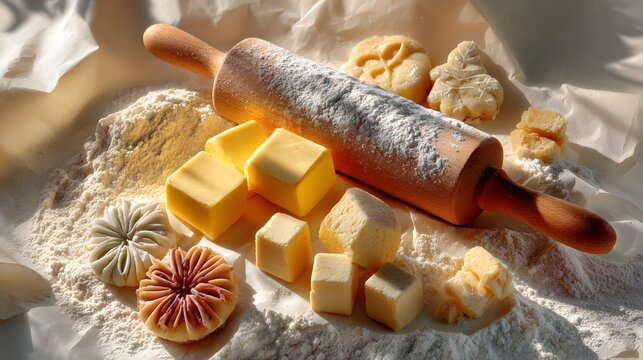 Baking ingredients butter, flour, and dough shapes with a wooden rolling pin for pastry preparation - Powered by Adobe