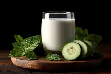 food photography of white, sweet, and sour milk with cucumber and mint on a wooden board, against a black background, in side view. --ar 3:2 --v 7 Job ID: aed89b8d-c73d-46ce-88e9-bb19c4a1970a