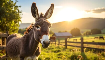 Donkey stands in a sunny field, ears perked up, with rolling hills and fence in the background