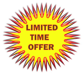 Yellow graphic burst shape with bold red spikes and 'LIMITED TIME OFFER' text, isolated on transparent background, ideal for sales, marketing, branding, web banners, and promotion designs.